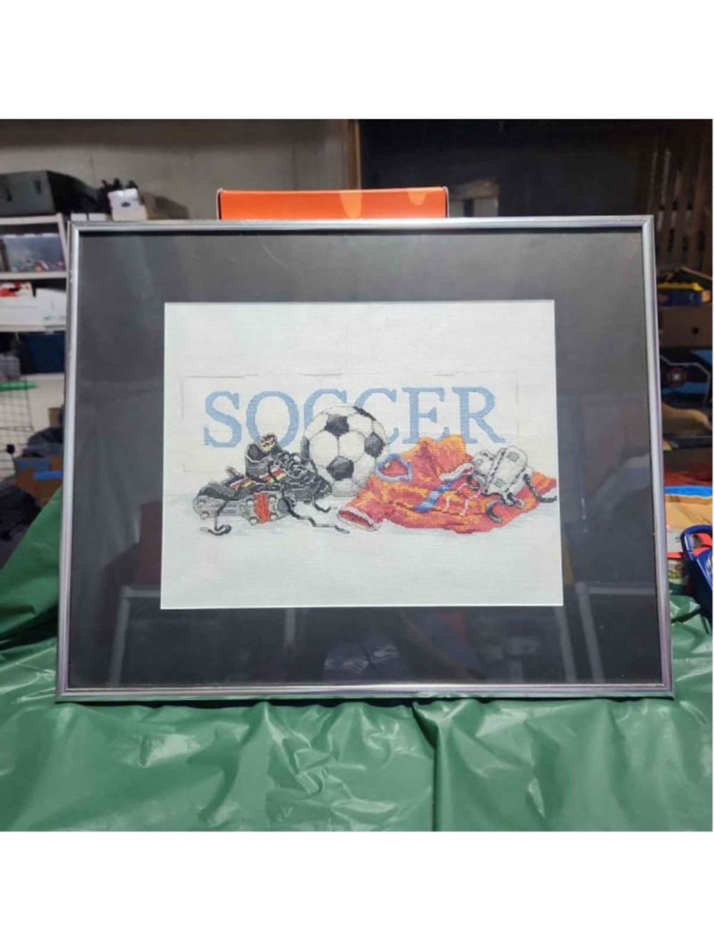 Framed Soccer Ball Cleats Jersey Cross Stitch Art